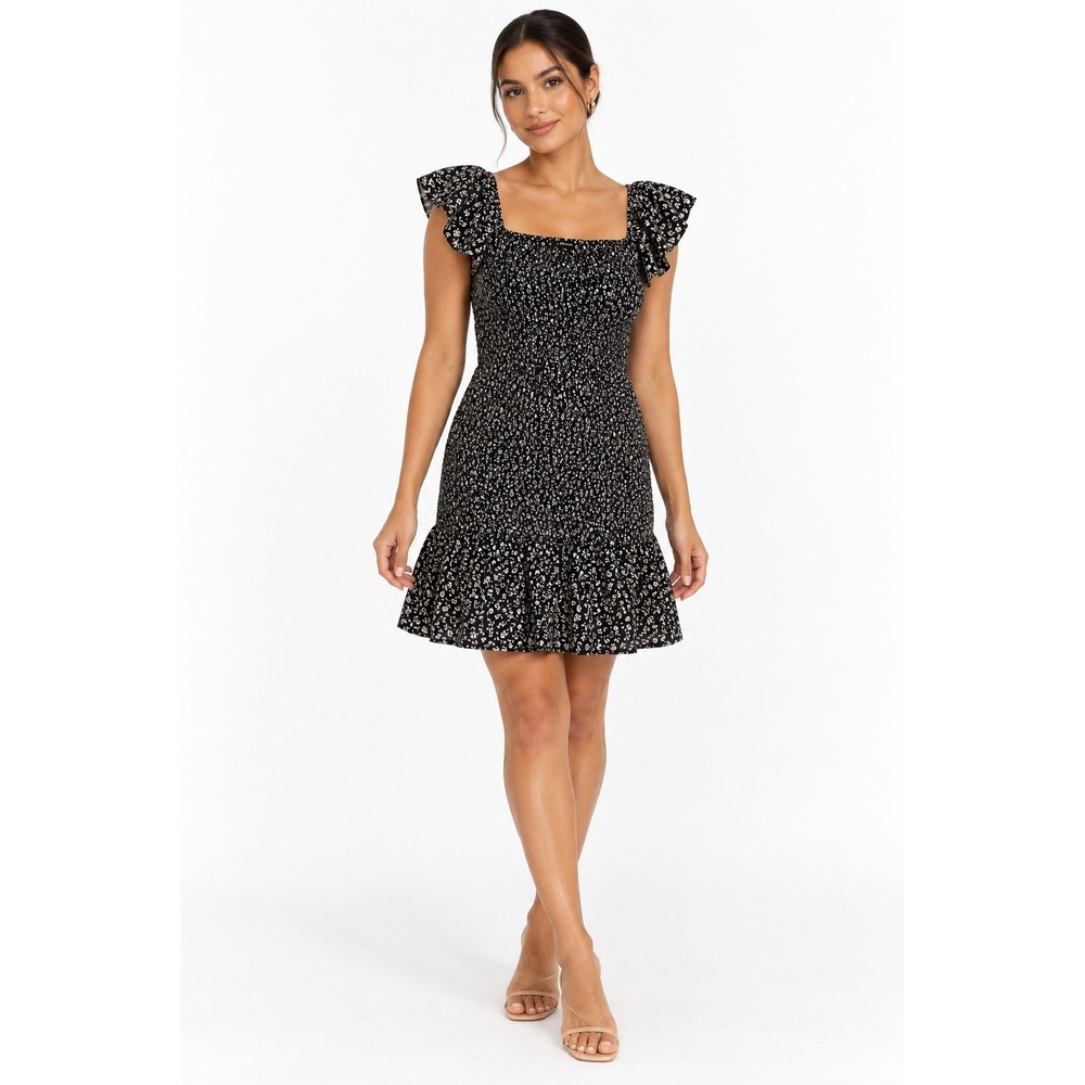 Black Floral Smocked Ruffle Sleeve Mini Dress Cottagecore Size L Date Night